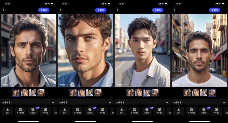初看还行，但还是能一眼分辨出这是 AI 生成的。另外，白种人和黄种人都有了，没有黑人，看来这 AI 还不是特别“政治正确”？